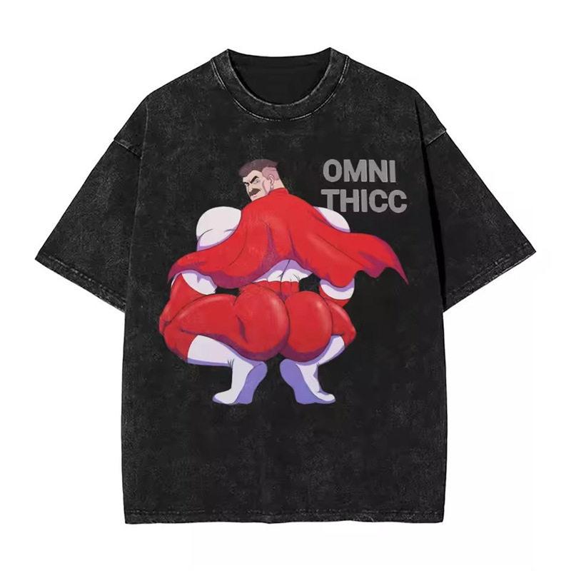 Summer Invincible Animation Mark Washed Vintage Tshirt Loose Fit Unisexs And Unisexs Trendy Printed Couple Short Sleeve Shirt