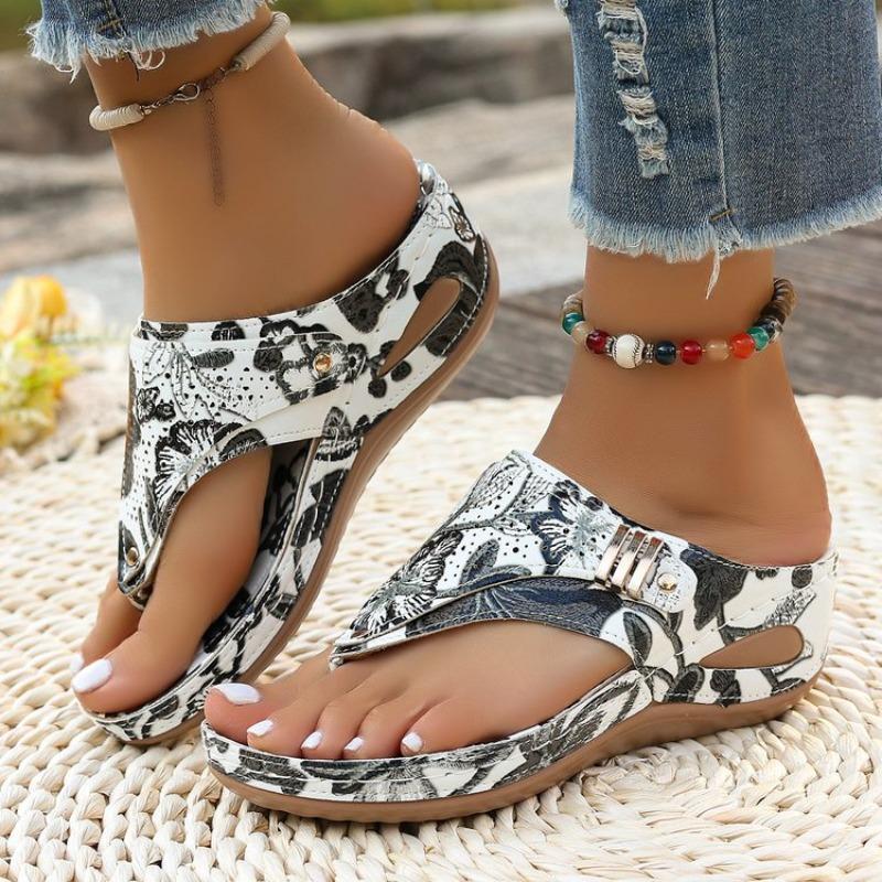Women's Floral Print Flip Flops Wedge Heel Thong Sandals Casual Summer Beach Slippers Plus Size 43