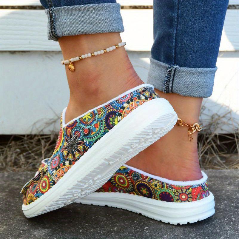 Women's Colorful Mandala Slip-On Loafers - Lightweight, Comfortable Fabric Upper, Vibrant Round Toe Shoes for All-Day Wear