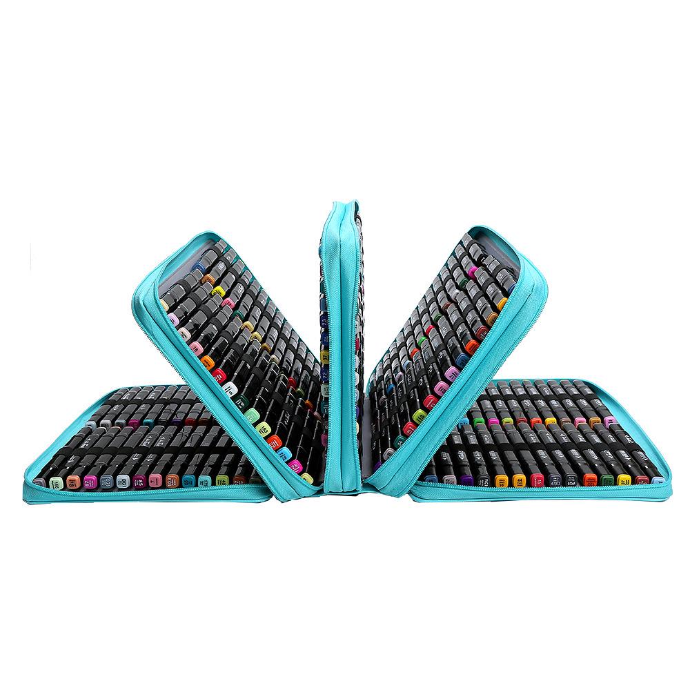 Marker Pen Storage Bag, PU Leather, Multi-Zipper, Large Capacity with 168/224 Slots, Handheld/Shoulder Strap, Multi-Layer Pencil Case