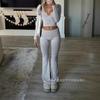 Women's V Neck Long Sleeve Crop Top High Waist Flare Pants 2 Piece Lounge Set