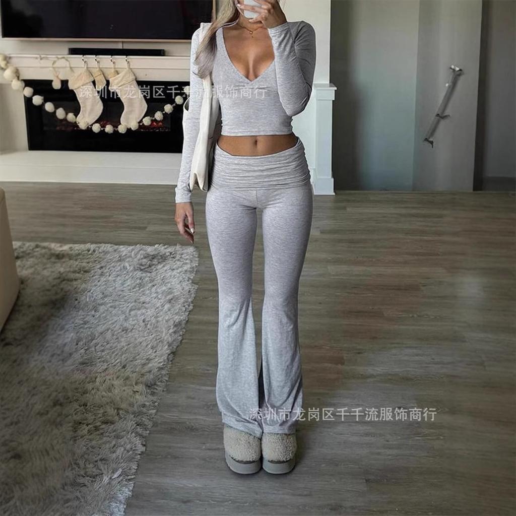 Women's V Neck Long Sleeve Crop Top High Waist Flare Pants 2 Piece Lounge Set
