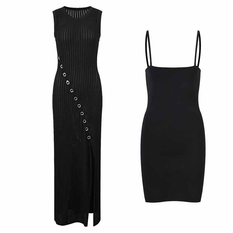 

2025 Black High Waist Slit Knit Sleeveless Dress with Round Neck L чёрный