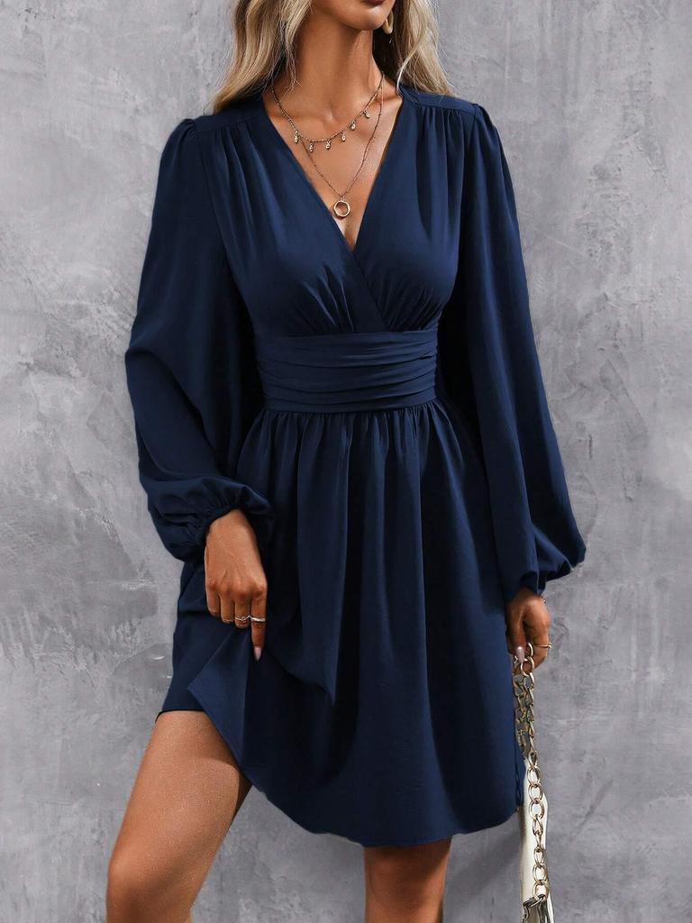 Asymmetric Neck Lantern Sleeve Ruffle Waist Dress