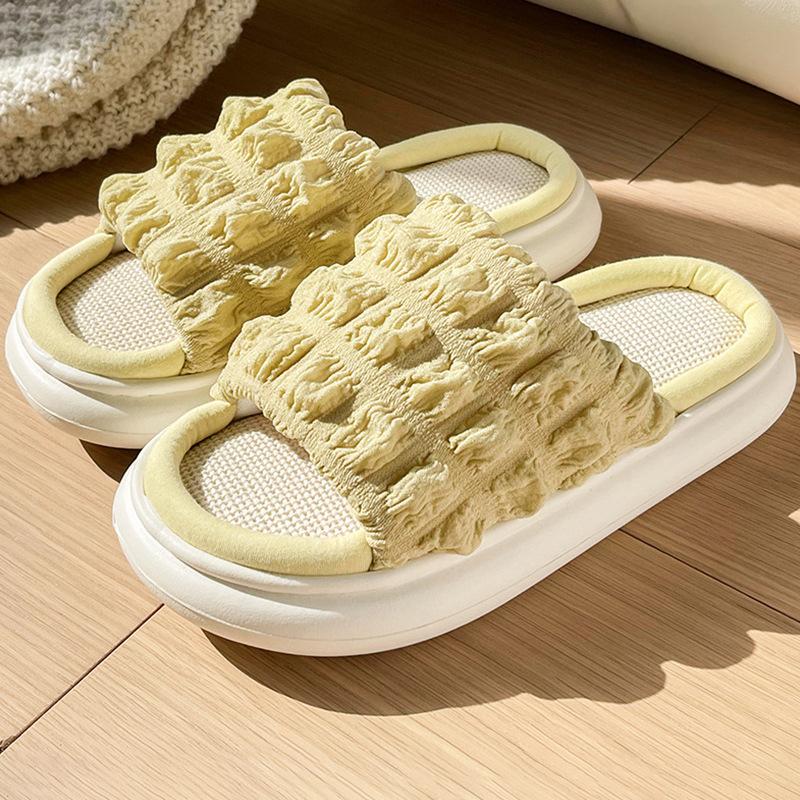 

Женские домашние тапочки с открытым носком и перекрестными полосками на льняной подошве. Домашние тапочки с нескользящей льняной подошвой. Тапочки для ванной комнаты. 40-41 жёлтый