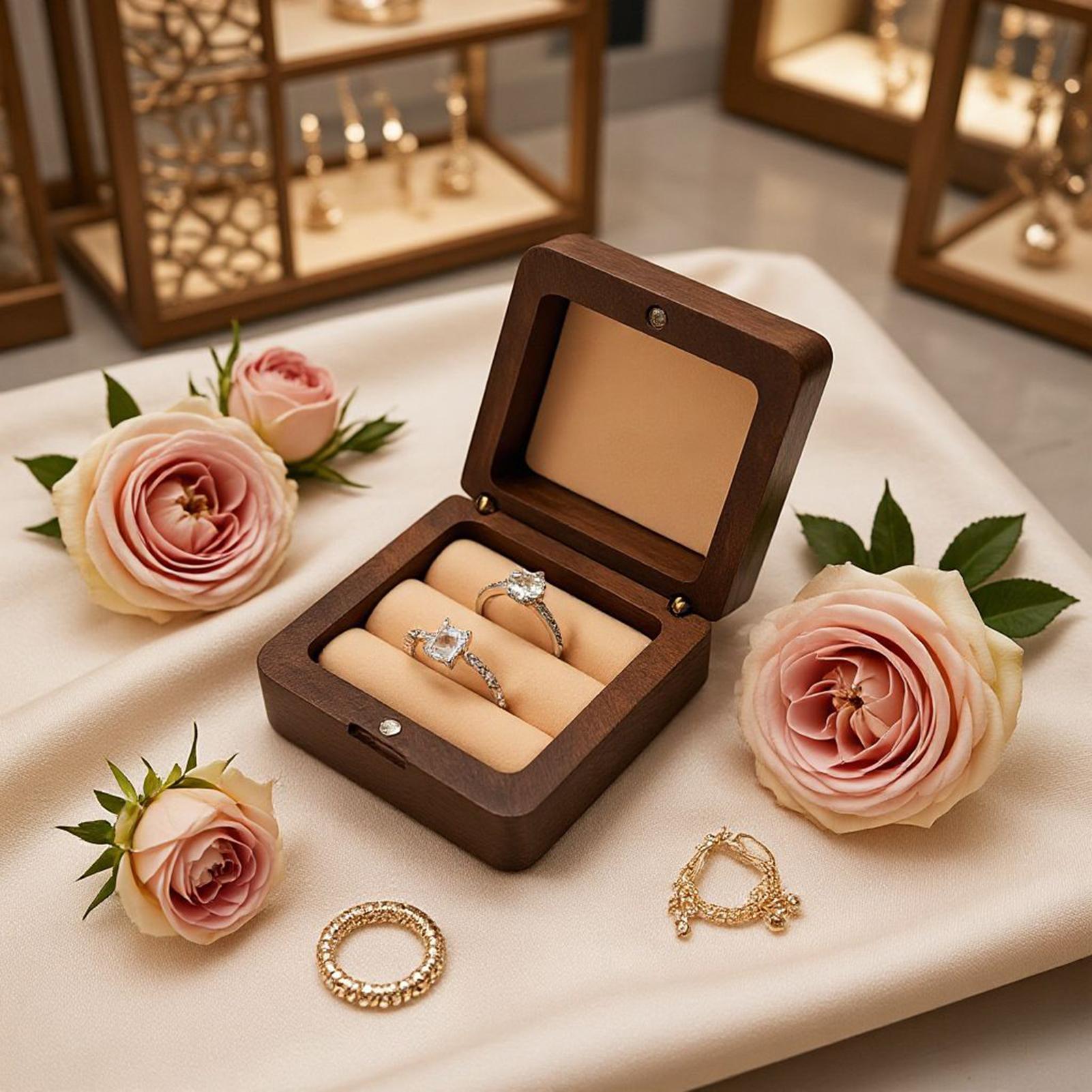 Wood Ring Box Finger Jewelry Organizer Double Slots Engagement Ring Box For Engagement Proposal Women Ceremony Travel Keepsake