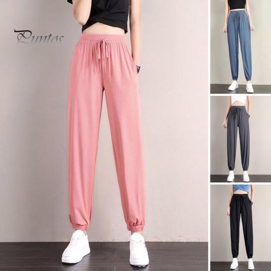 Summer Thin Ice Silk Sports Pants Elastic Drawstring Waist Pockets Casual Sweatpants Solid Color Loose Fit Fitness Trousers Streetwear
