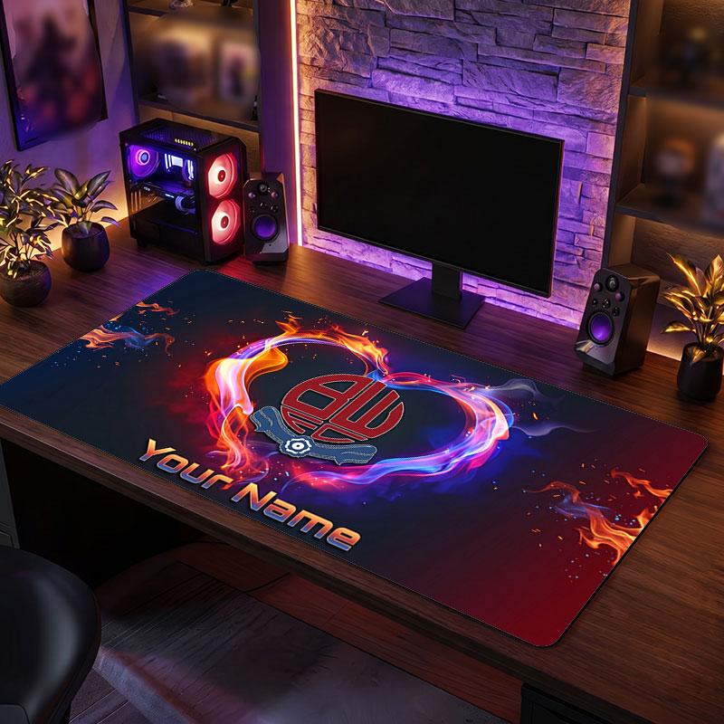 Bolton Wanderers FC Custom Large Mouse Pad, Personalized Name Text Print, Football Logo Non‑Slip Desk Mat Gaming Gift