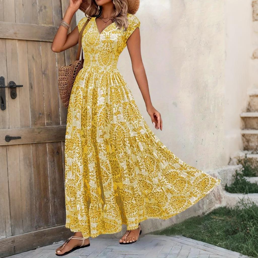Rochie Maxi Vintage cu Imprimeu Floral pentru Femei, Decolteu în V, Mânecă Scurtă, cu Design în Talie, Elegantă, Fluidă, Lungă, pentru Purtare Zilnică