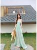 Seaside vacation wind green suspender dress women's summer temperament mesh stitching waist thin a-word skirt long dress