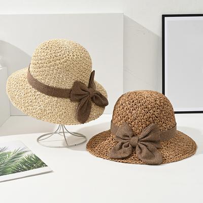 Bucket Hat Hand-Woven Natural Straw Breathable Wide Brim Sun Protection Foldable Portable Travel Hat with Bow