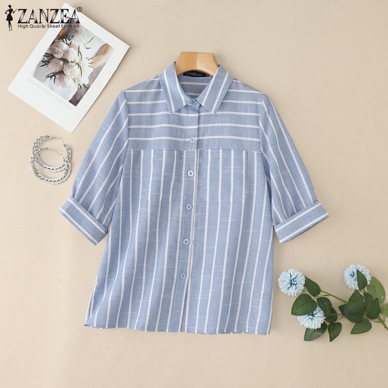 ZANZEA Women Turn Down Collar Loose 3/4 Sleeve Stripe Blouse
