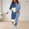 Women Plus Size Two Piece Set Round Neck Long Sleeve Printed Top And Fitted Pants
