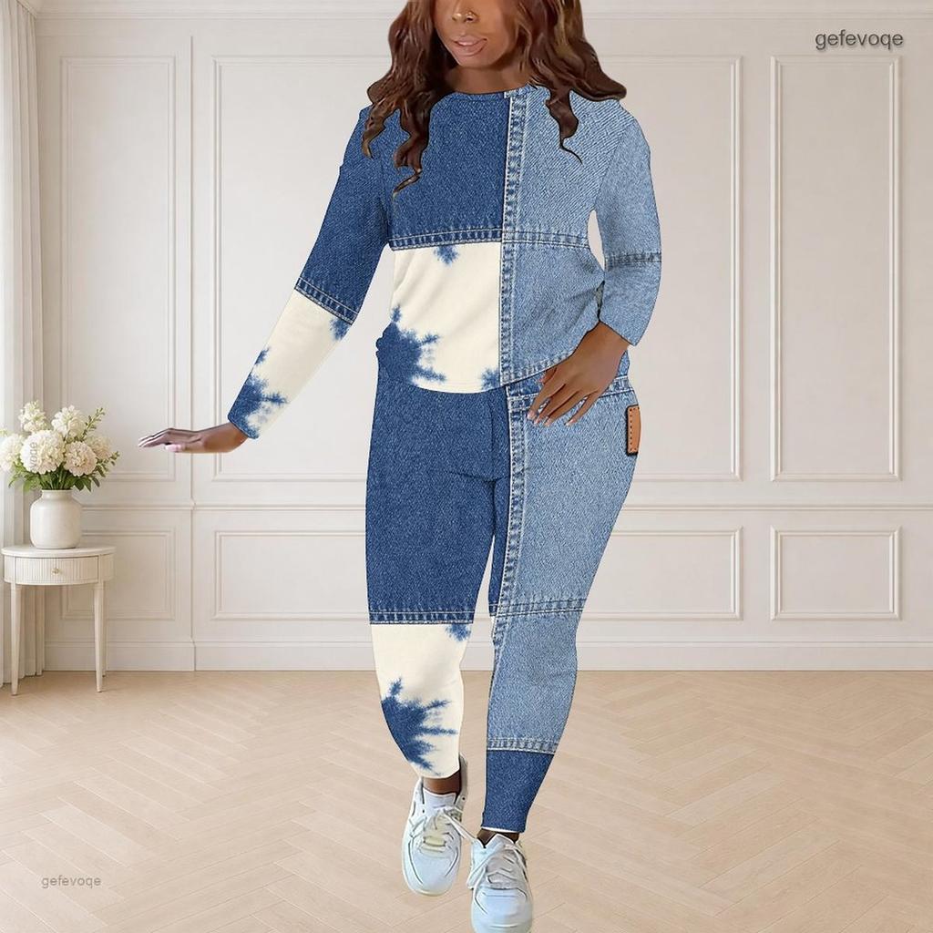 Women Plus Size Two Piece Set Round Neck Long Sleeve Printed Top And Fitted Pants