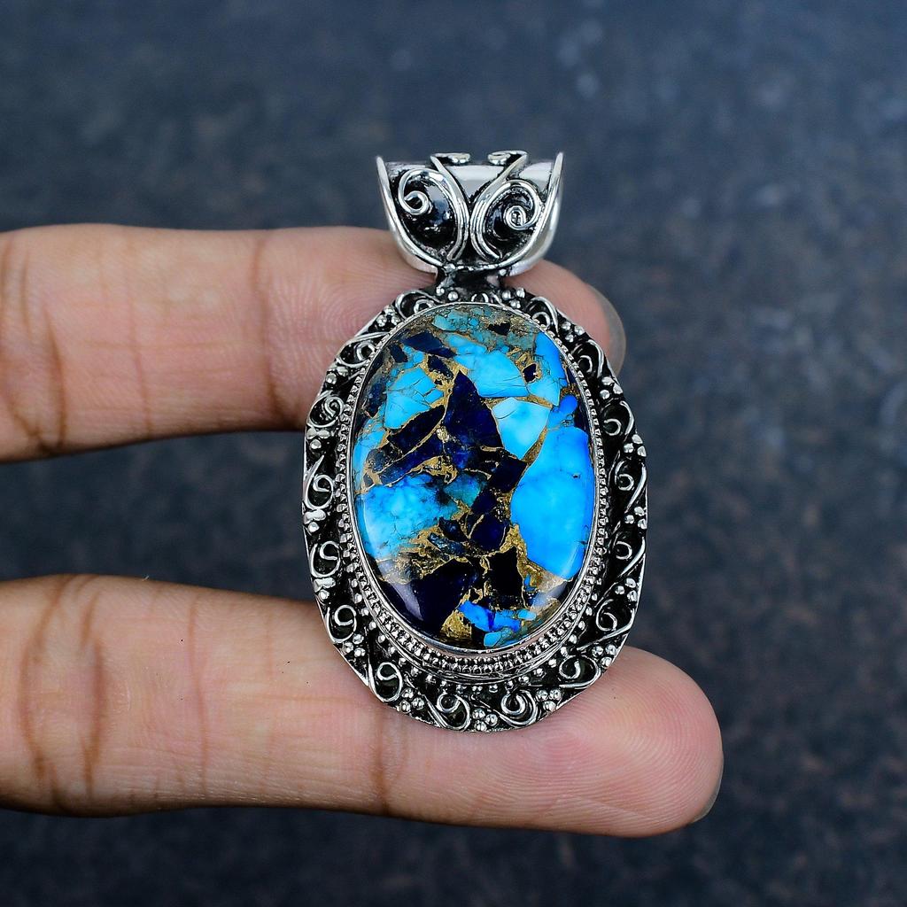 Copper Lapis Turquoise Handmade Gemstone Pendant, 925 Solid Sterling Silver Pendant Antique Jewelry, Love Forever Gift