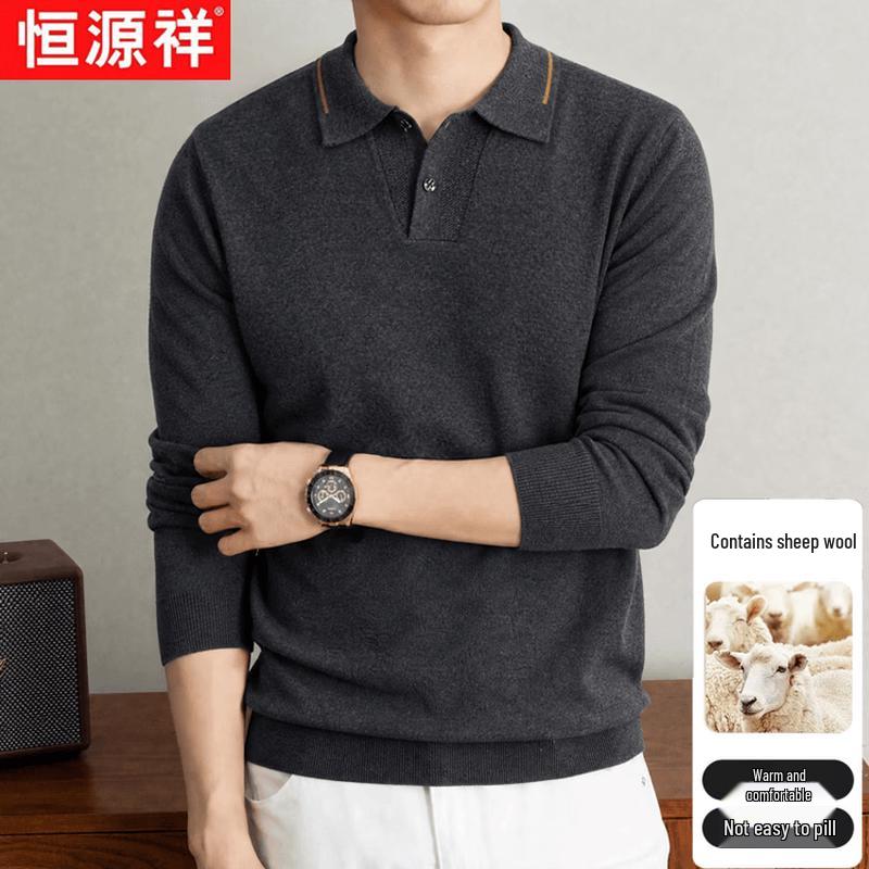 Hengyuanxiang Men s Autumn/Winter Wool Blend Long Sleeve Polo T-Shirt L