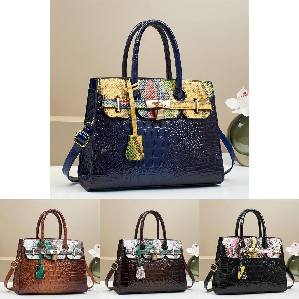 Fashion Color Blocked Gold Buckle Decor Crocodile Texture Women Shoulder Bag For Daily Carry