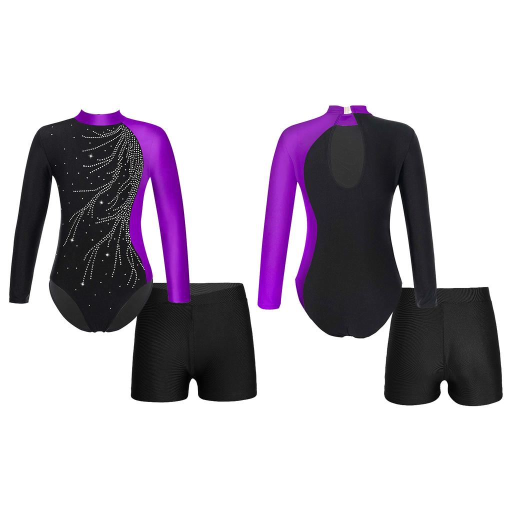 Girls Mock Neck Long Sleeve Sparkle Rhinestone Keyhole Back Leotard V Front Waistband Shorts Dance Skating Outfit