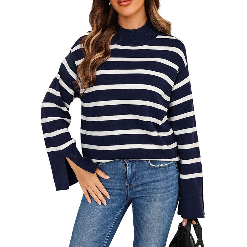 

2024 Fall and Winter New Arrival Stripes Design Turtleneck Sweater Women European and American Leisure Loose Cuff Slits Pullover Women