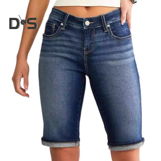 

Женские джинсовые шорты длиной до колена, ретро-стиранные, облегающие, эластичные, с эффектом потертости, градиентные цвета, карманы, на пуговицах на талии, на молнии, женские джинсы на каждый день M темно-синий
