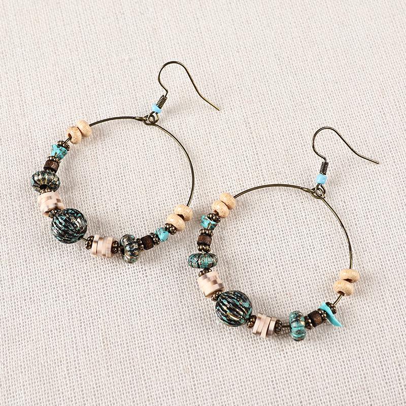 Retro Ethnic Bronze Hoop Earrings with Wood Beads and Tassels