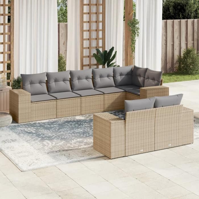 VidaXL Salon de Jardin avec Coussins 8 pcs, Canapés de Terrasse, Ensemble de Meubles de Patio, Mobilier d'Extérieur, Beige 3222818
