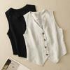 Women's Summer Black Beige Linen Vest V-neck Button Sleeveless Cardigan Tops Elegant Short Jacket Waistcoat