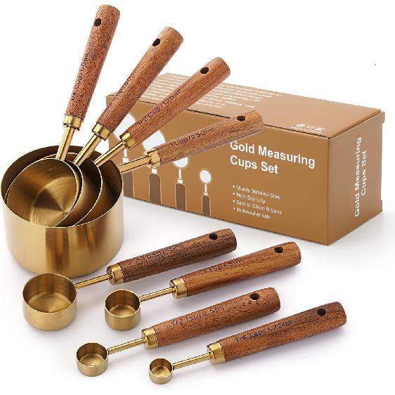 SHIKORI Gold Measuring Cups and Spoons Set with Wood Handles, Premium Stainless Steel Measuring Spoons and Measuring Cups Set-Gold