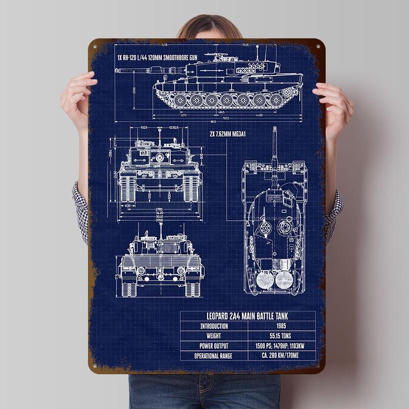 Leopard 2A4 Tank Blueprint Tinplate Posters Customizable Wall Art Retro Vintage Metal Signs for Home Room Wand Deko Desk Decor