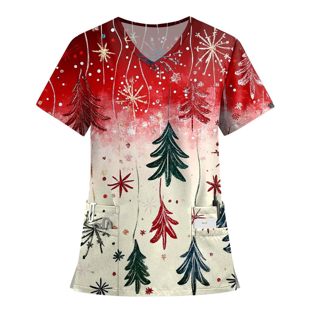 Women's Fashion Printed Short Sleeve V Neck Pattern Tops Pocket Working T-shirts