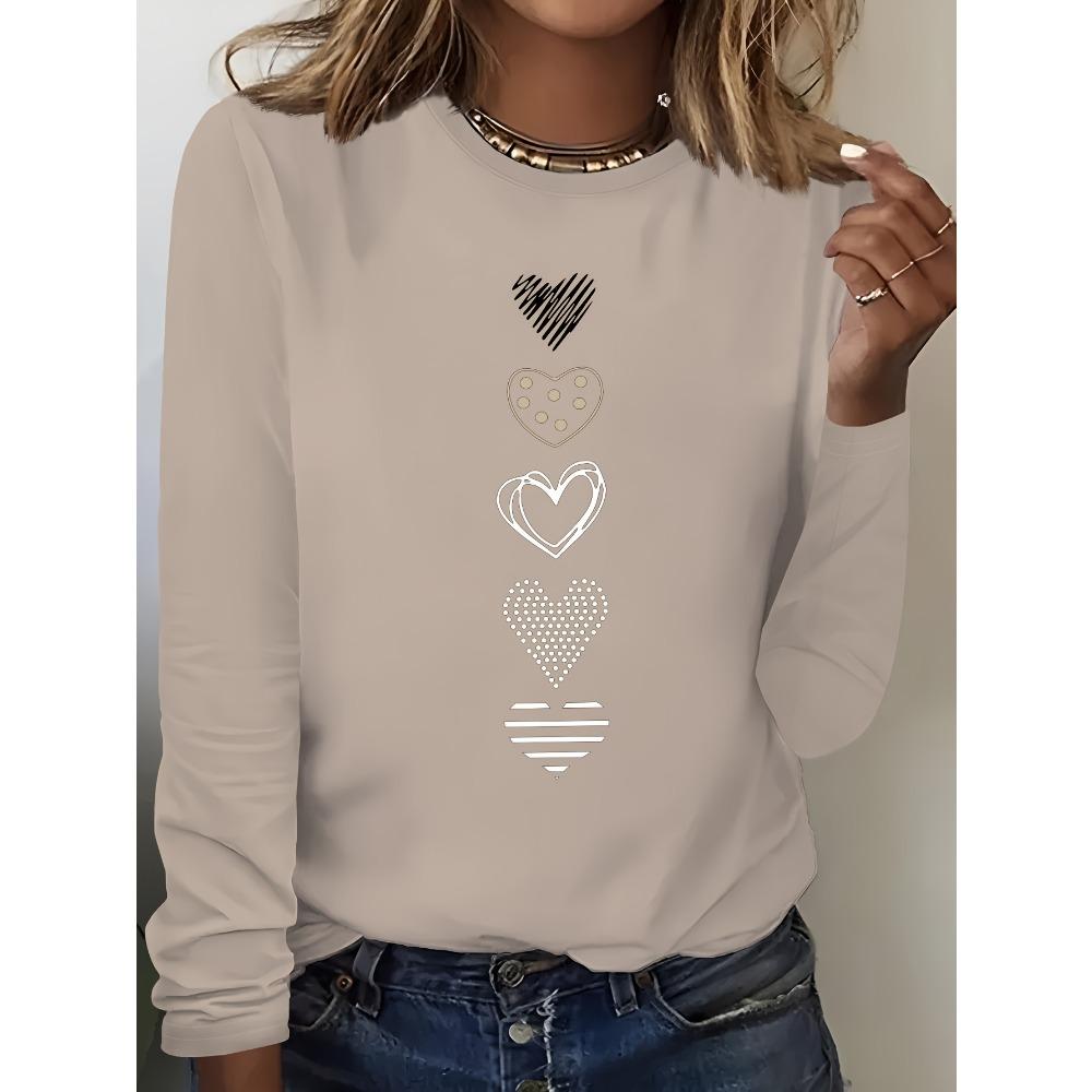 100 cotton Ladies  Spring and Autumn Clothing Colorful heart Printed T-shirt Long Sleeve Round Neck Casual Top S