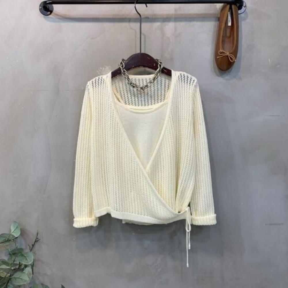 C S In The Room eaSy meSh Strap Long Sleeve Wrap Knit Cardigan CamiSole Set 3Col