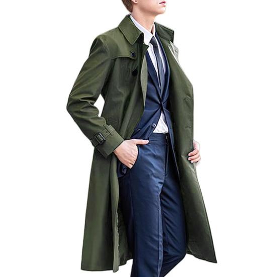 Men Windbreaker Lapel Long Sleeve Double Breasted Mid-Length Coat Solid Color Casual Business Outerwear