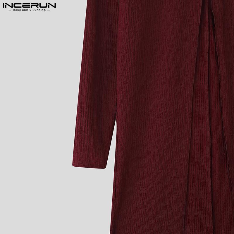 INCERUN Men Turtleneck Long Sleeve Texture High Splits Irregular Long Tunic Tops