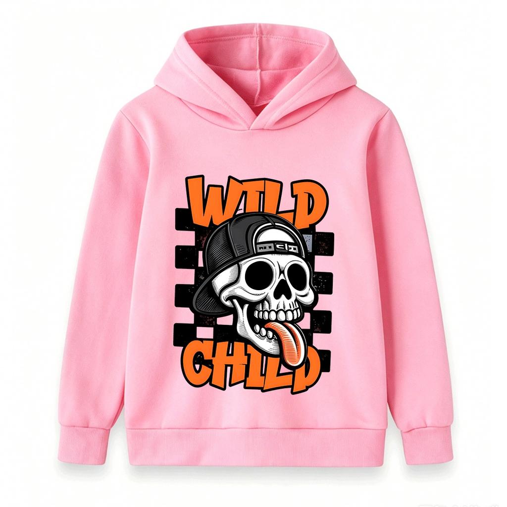 Kids Boys Girls Hoodie, Wild Child Skull Pattern Long Sleeve Casual Pullover Sweatshirt for Daily Wear