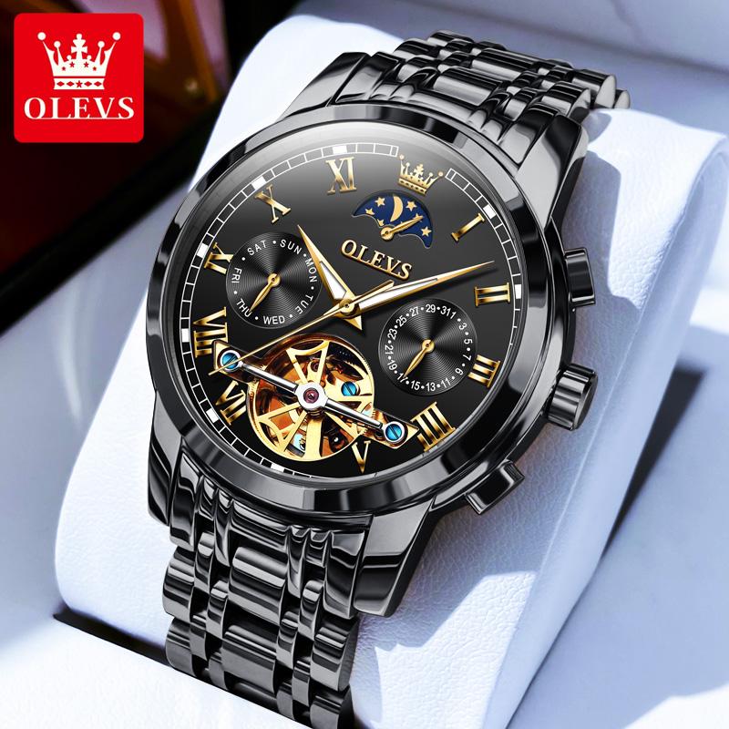OLEVS 6617 Original Herrenuhr Luxus Skelett Hohl Schwungrad Automatikuhr für Herren Kalender Wasserdicht Mondphase Armbanduhr
