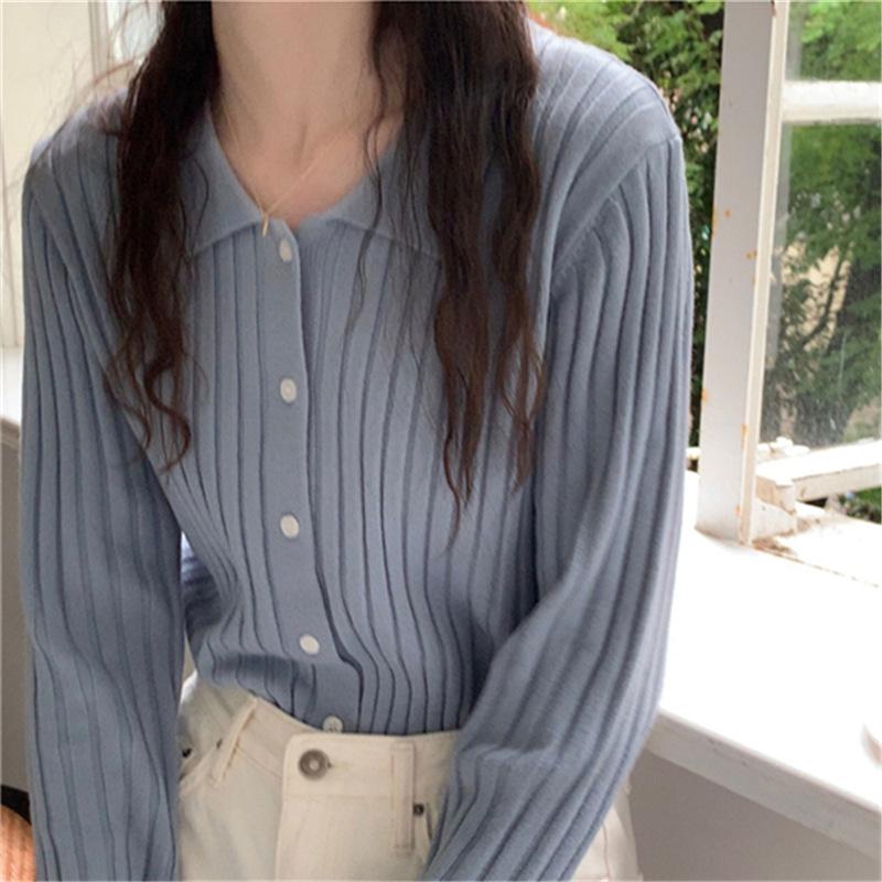 

Вязаный базовый свитер с лацканами, весенний новый, ретро, нежный кардиган, облегающий топ для женщин One size синий