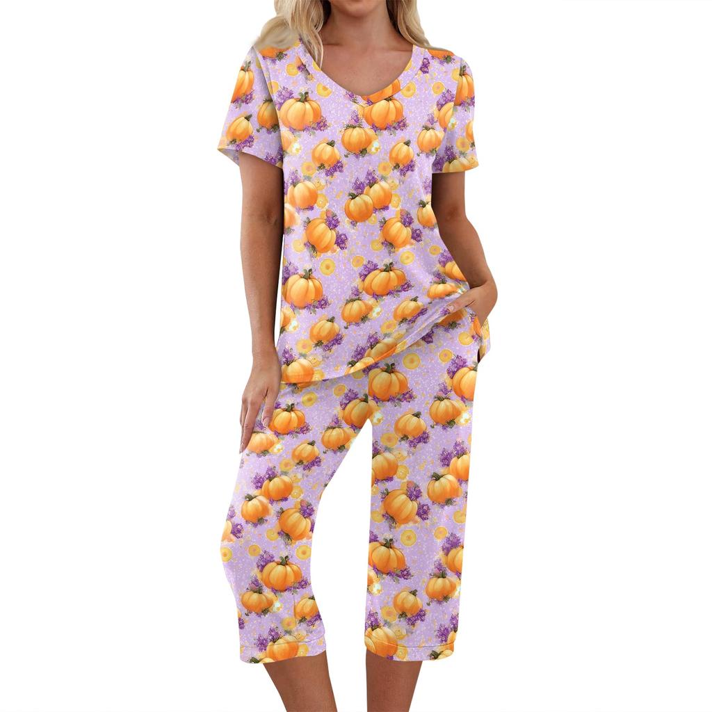 Women's Halloween Two Piece Outfit - Short Sleeve Top and Pants Set with Fun Print, Casual Wear for Halloween Party and Everyday