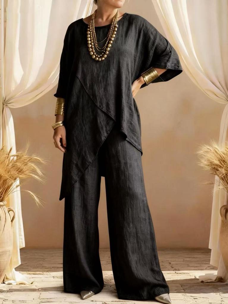 Dámský lněný dvoudílný set Asymetrický top & Široké kalhoty Ležérní letní outfit