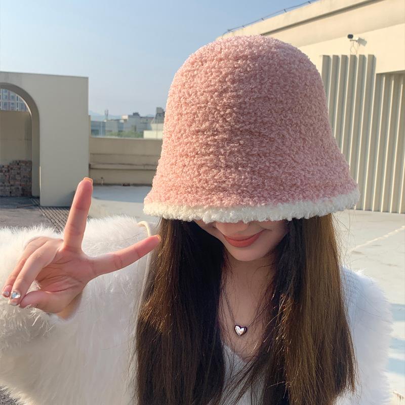 Autumn and Winter Hat Women's Imitation Lamb Plush Color Matching Bucket Hat Winter Warm Bucket Hat Fashion Basin Hat