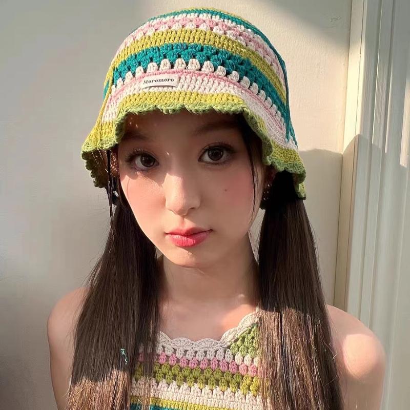Korean Retro Stripe Handmade Crochet Bucket Hats Autumn and Winter Y2k Fisherman's Cap Women Tassel Colored Wool Hats