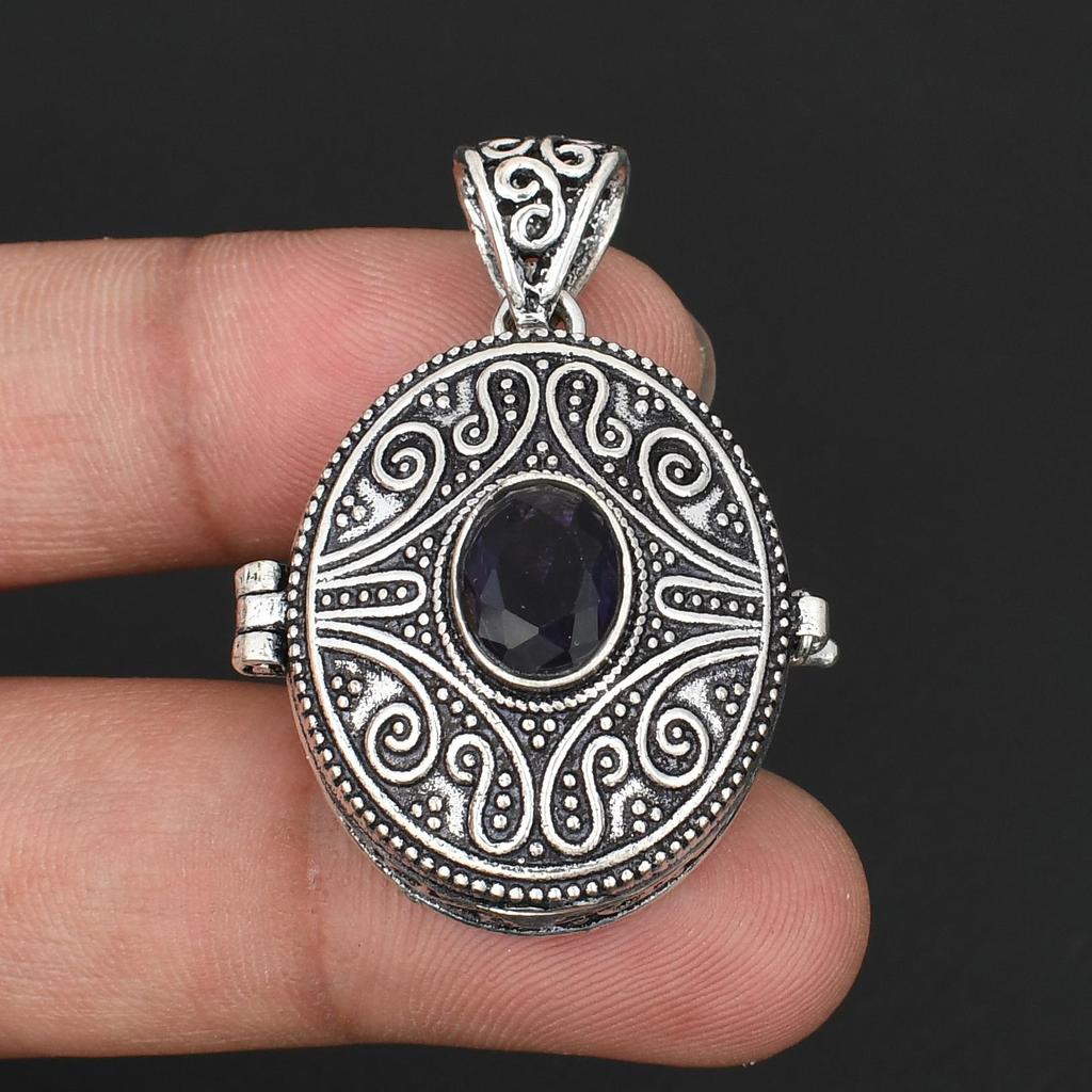 Vintage Oxidized Silver Round Locket Pendant with Purple Amethyst Gemstone  Intricate Filigree Swirl Design, Boho Ethnic Style Jewelry