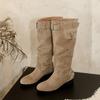 2025 new knee boots women's khaki suede round head belt buckle boots low heel thin folds stacked