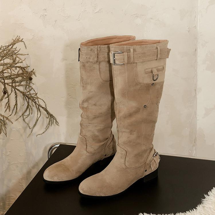 2025 new knee boots women's khaki suede round head belt buckle boots low heel thin folds stacked