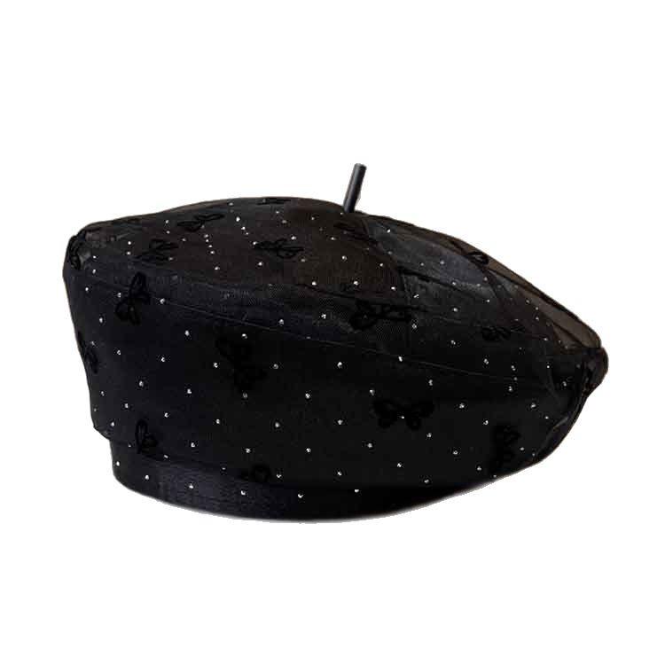 Mesh Rhinestone Light Luxury Beret Women'S Summer Breathable Octagonal Hat Embroidery Bow Painter Hat