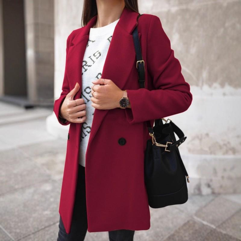 Womens Solid Color Long Sleeve Double-Breasted Wool Blend Coat With Notched Lapel Slim Fit Mid-Length Winter Outerwear