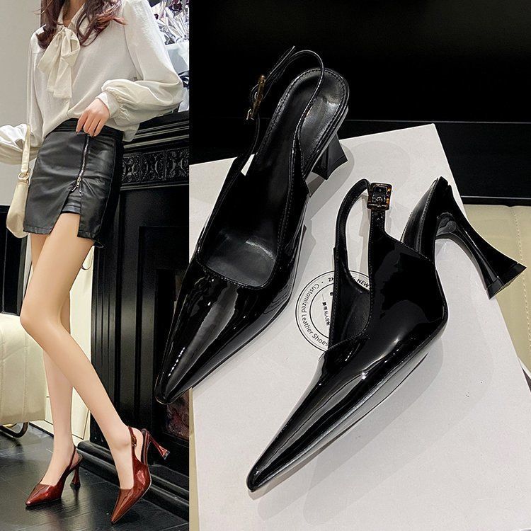 2025 Spring New Temperament Bright Face Pointed High Heel Sandals Thin Heel Side Empty Sexy Back Trip Strap Women's Shoes