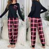Women Plaids Patterned Loungewear 2 Pieces Outfits Long Sleeve Pajamas Tops and Long Pants Summer Sleepwear Nightwear