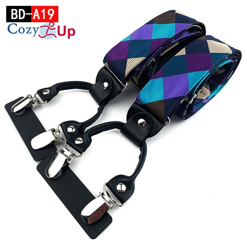 Suspensórios masculinos adultos em forma de Y com 6 clipes em tecido jacquard de couro com alça traseira elástica ajustável com ganchos giratórios e tiras elásticas nas costas em Y