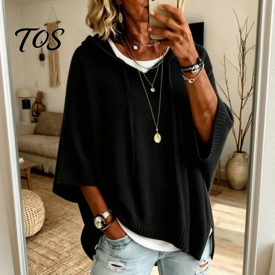 Long Sleeve Tops Autumn Women Knit Pullover Sweater, Loose Fit Drawstring Hooded Oversized Sweaters 3/4 Drop Shoulder Solid Color Casual Sweater Soft